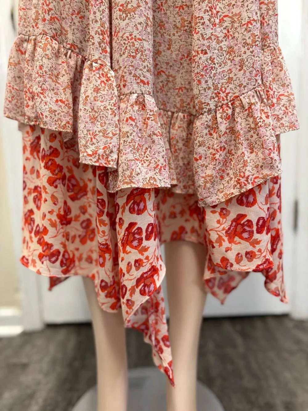 Free People Zuma Drippy Floral Handkerchief Ruffle Midi Skirt Size 6 Boho Prarie